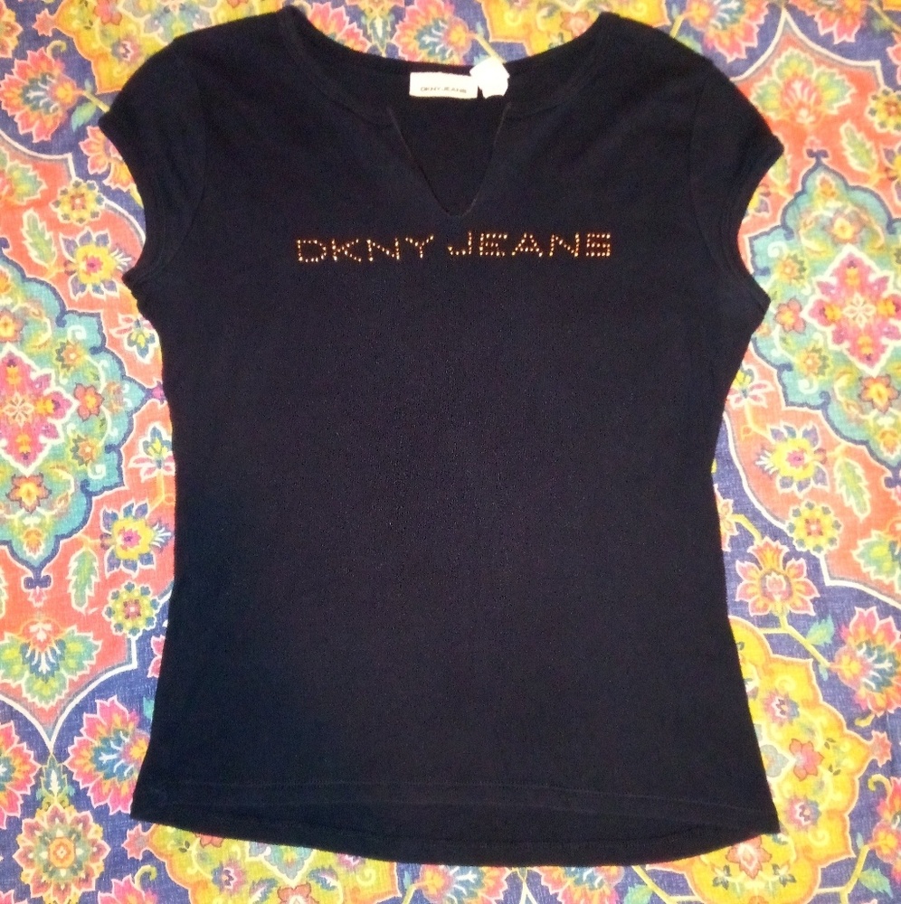 DKNY BLACK SHORT SLEEVE T SHIRT JEWELS SIZE LARGE